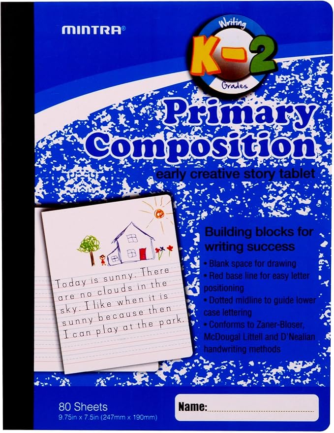 Mintra Primary Composition Notebook, 4 Pack, Blue Cover, 80 Sheets, 7.5in x 9.75in, 1/2 Sheet, Ruled with Drawing Area, Flexible Hardcover Journal , Grades K-2, School & Home Use