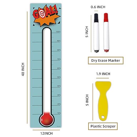 Goal Thermometer Chart Goal Tracker - 48"x12" Adhesive Dry Erase Fundraising Thermometer Sticker