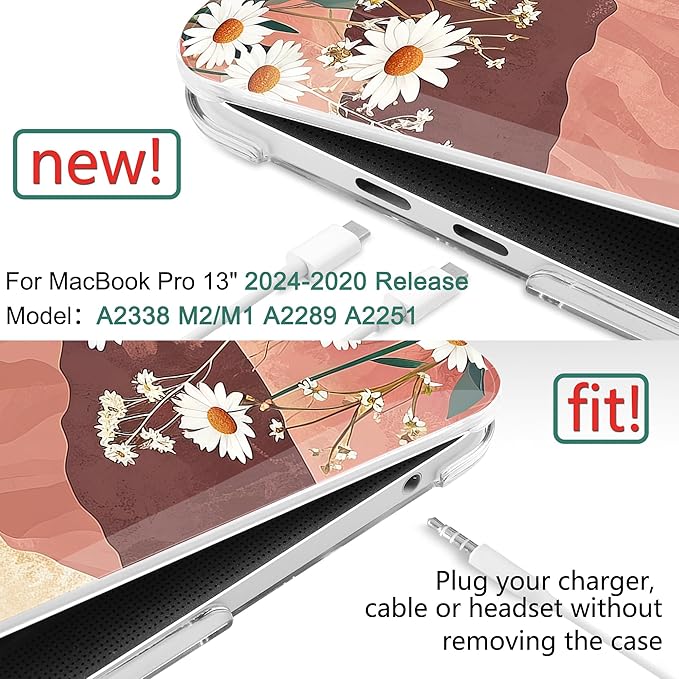 TWOLSKOO Compatible with MacBook Pro 13 inch Case 2023-2016 A2338 M2/M1 A2251 A2289 A2159 A1989 A1706, Plastic Hard Shell Cover & Keyboard Skin & Screen Protector, Mountains & Daisies