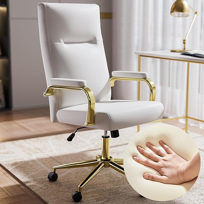 White and Gold Office Chair Memory Foam, White Leather Computer Desk Chairs with Wheels and Arms, High Back Executive Office Chair for Girl and Women