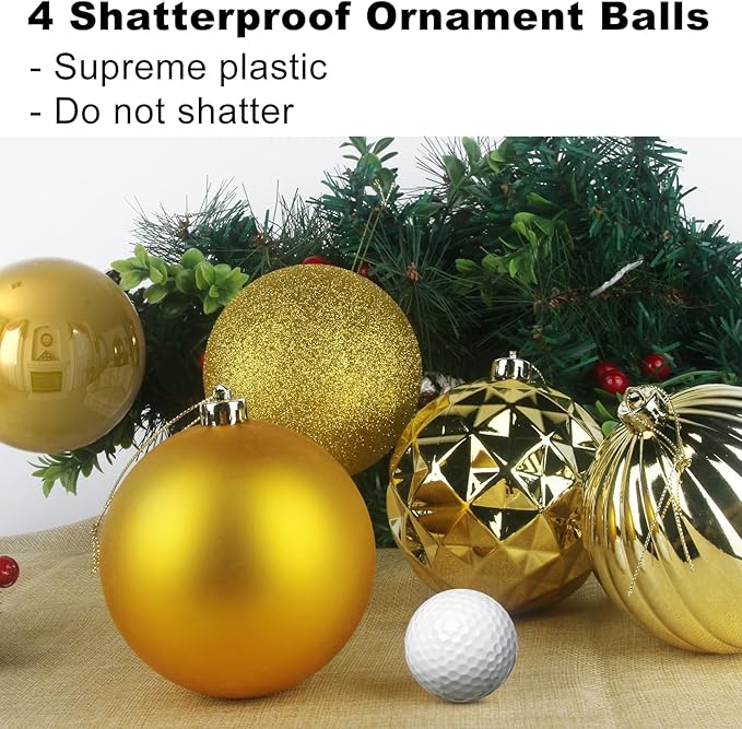 Gold Set of XL (4.0") 4PCS Christmas Balls - Christmas Tree Decoration Ornaments Shatterproof Hanging Balls for New Year Easter Valentine Holiday Decorations