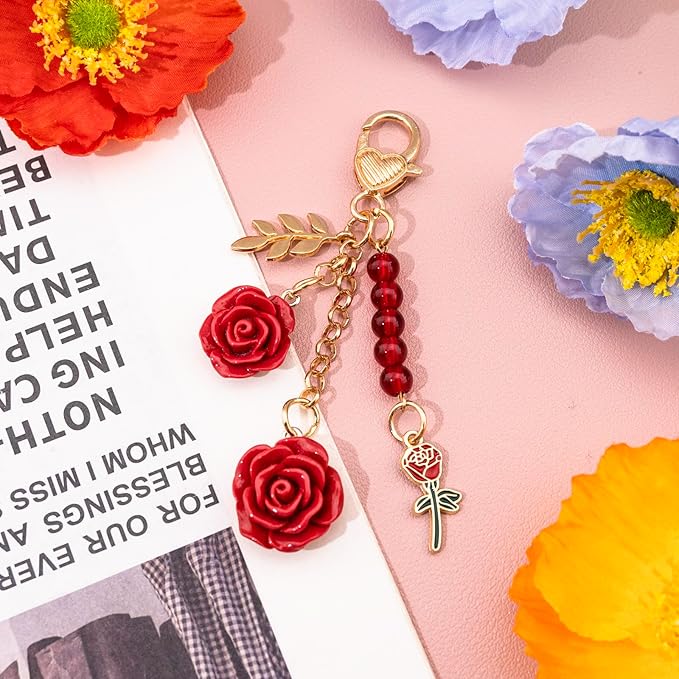 Rose Purse Charms Cute Flower Keychain With Heart Sticker Charm Chain For Kindle Colorful Bag Charms For Handbags