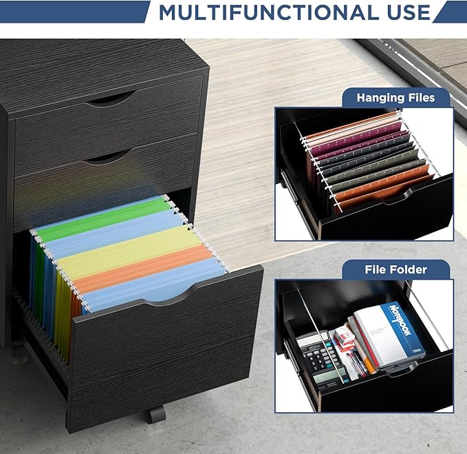 HollyHOME 3-Drawer Wood File Cabinet, Under Desk Cabinet for Home Office, Rolling Storage Shelf for Home, Printer Stand, for A4, Letter-Size Files, 11.8in Hanging File Folders, Black