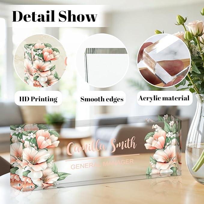 Ship Next Day Personalized Name Plate for Desk, Custom Acrylic Desk Name Sign, Office Appreciation Gifts for Women Men Coworkers Boss Teacher Employee (Flower-Lily)