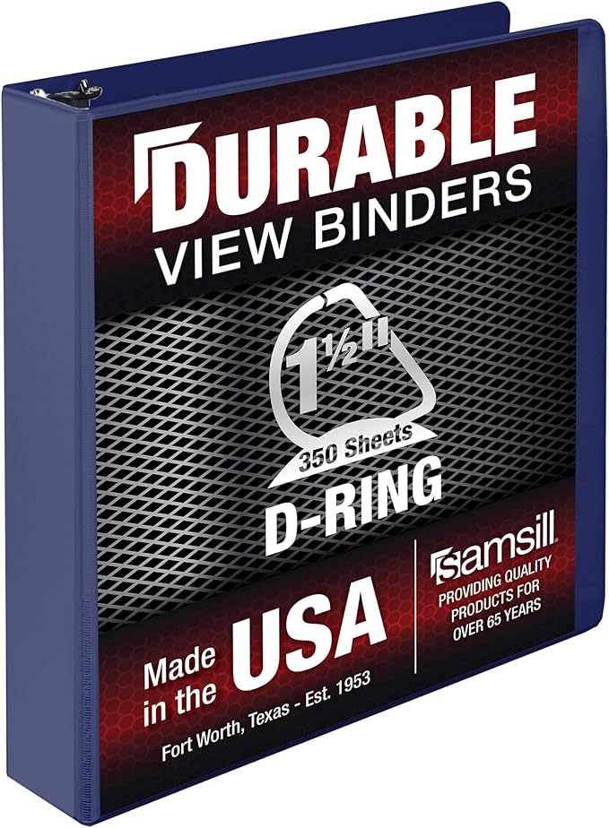 Samsill Durable 1.5 Inch Binder, Made in The USA, D Ring Binder, Customizable Clear View Cover, Midnight Blue, Holds 350 Pages