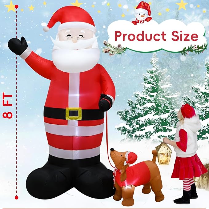 8FT Christmas Inflatable Santa Claus and a pet for Holiday Decoration, Giant Santa with Built-in LEDs,Xmas Blow-Up Decor for Indoor Outdoor Yard Graden Party Holiday Lawn
