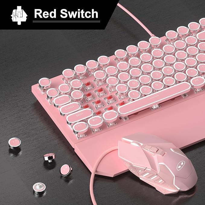 Retro Pink Typewriter-Style Keyboard and Mouse Combo, Cute Light Up Wired Mechanical Keyboard with Linear Red Switches, Full Size for Gaming, Work, Mac, PC, Windows