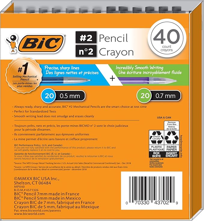 Bic Mechanical Pencil #2 EXTRA SMOOTH, 40 Pack Of Twenty 0.5mm, and Twenty 0.7 mm - Assorted Colored Barrels - Variety Pack of Bic Lead Pencils