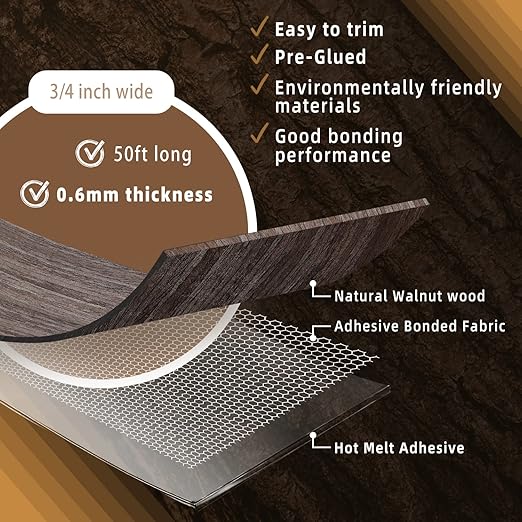 GSCIT Club Walnut Edge Banding, 3/4 inch x 50ft roll of Veneer Edge Banding Preglued Flexible, Real Wood Tape Banding