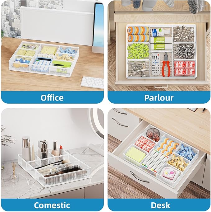 Marbrasse 2P Desk Drawer Organizer, Metal Mesh Drawer Organizer Tray with 5 Adjustable Compartments,Desk Organizers and Accessories for Home,Office,Kitchen,Makeup,Vanity (White)