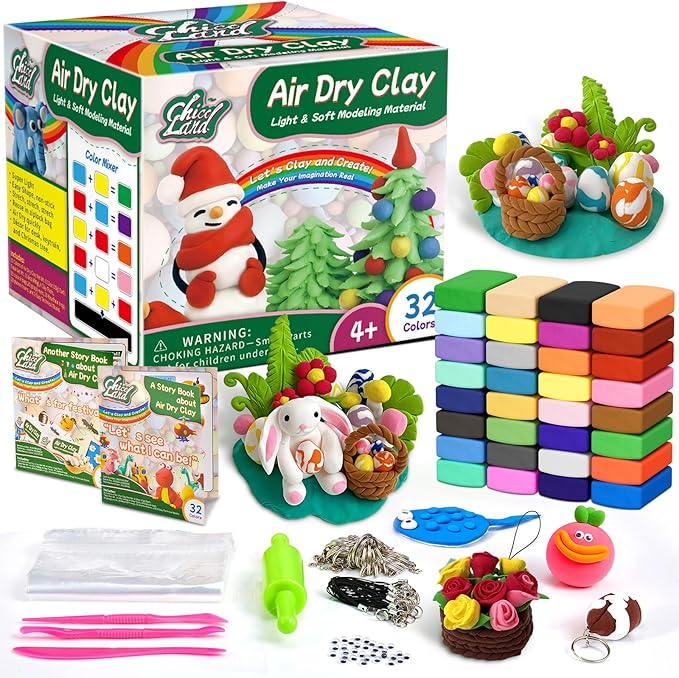 Chico Land Clay Kit - 32 Colors Air Dry Clay, Gift for Boys & Girls Age 4+ Year Old, DIY Model Modeling kit for Kids, with Sculpting Tools, Decoration Accessories, Kids Art Crafts