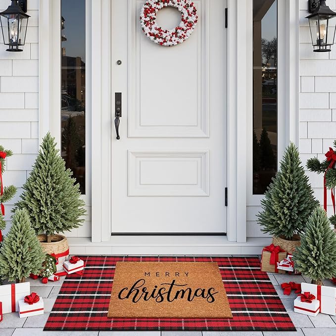 Buffalo Plaid Outdoor Rug Runner 24"x 51",Christmas Washable Checkered Front Door Mat, Cotton Woven Winter Indoor Floor Rugs for Porch Entryway Kitchen Holiday Decor(Black and Red)