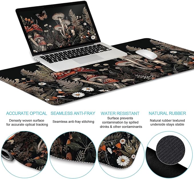 Mushroom Mouse Pad Set Large Desk Matt for Desktop, Ergonomic Mouse Pad with Wrist Rest, Gaming Mouse Pad Wrist Support Keyboard Mat Cup Coaster Set Office Desk Decor Accessories