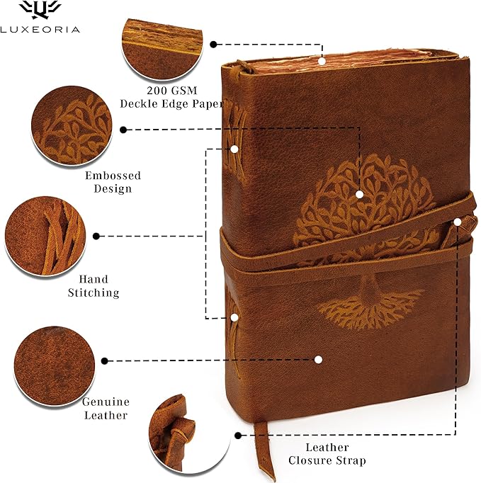 LUXEORIA Tree Of Life Leather Journal for Women and Men, Handcrafted Leather Journal for Writing Womens, Sketchbook, Travel Diary with Unlined Deckle Paper, Tan 7x10
