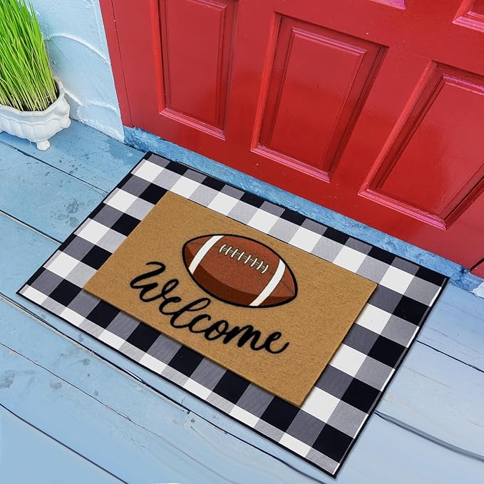 2 Pcs Football Front Porch Rug Buffalo Plaid Football Door Mat Imitation Coco Coir Football Welcome Layering Rug for Outdoor(Black and White 1,28 x 43 Inch,Football)