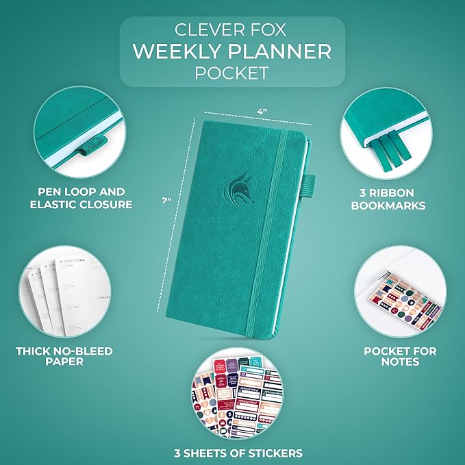Clever Fox Pocket Planner Weekly – Undated Monthly Goal Planner and Calendar, Mini Planner Perfect for Purse, 3.7x6.7" (Turquoise)