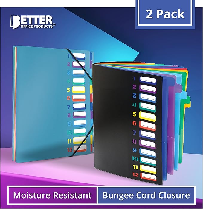 Better Office Products 24 Clear Pocket Expanding File Folder with 12 Colored Tabs, Letter Size, Holds 300 Sheets, Project File Organizer, Numbered Index on Cover,(2 Pack Black & Blue)
