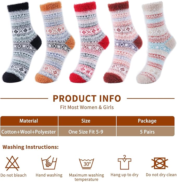 ICEIVY 5 Pair Fuzzy Cozy Socks for Women - Warm Comfy Soft Casual Home Sleep Winter Wool Socks - Gifts for Women
