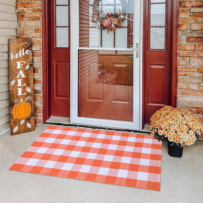 Fall Plaid Area Rug 3x5 Ft, Orange and White Buffalo Check Large Farmhouse Cotton Rug, Hand-Woven Washable Indoor Outdoor Carpet for Halloween Thanksgiving Autumn Porch Patio Decor