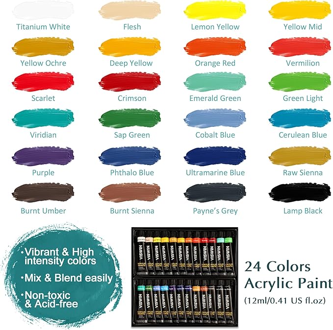 VISWIN 62 Pcs Acrylic Paint Set with Easel Box, Painting Kit with 24 Acrylic Paints, Canvases, Brushes, Palette, Paper Pad, Art Supplies, Art Set Gift for Adults, Kids, Beginners, Artists