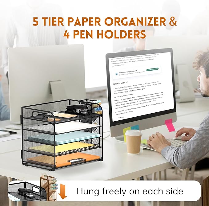 SUPEASY 5 Tier Desk Organizer with Handle & Removable Pen Holders, Mesh Paper/File Organizer for Desk, Paper Letter Tray Organizer for Office Supplies (Black)