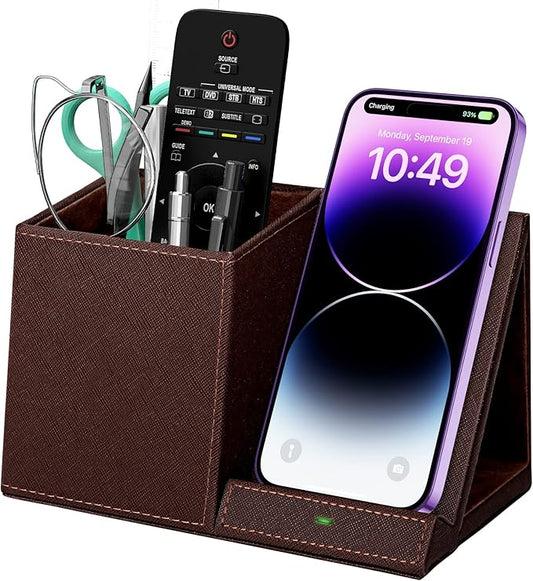 Desk Supplies Organizer, Multi-Functional Pencil Pen Holder with Wireless Charger, Desktop Stationery Organizer, Home Office Supply Storage Box Caddy (Brown)