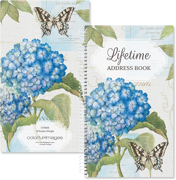 Current Hydrangea Address Book - 94 Pages; Small 5" x 8-1/2" Size for Purse or Office, Spiral Bound Soft Cover Organizer for Contacts, Addresses, Email, & Phone Numbers + 50 Replacement Stickers