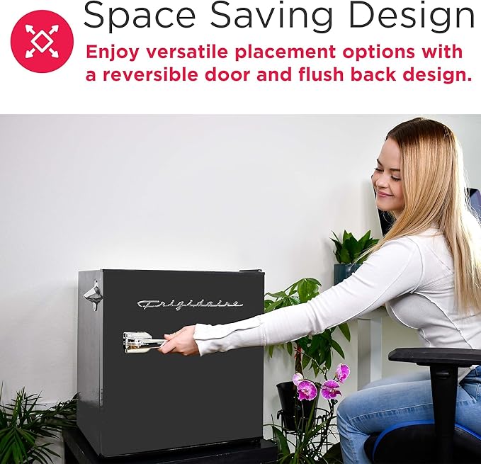 FRIGIDAIRE Black Retro Mini Refrigerator-Energy Saving-Adjustable Thermostat Control-Side Mounted Bottle Opener-Ideal for Dorm, Office, RV, Garage, Apartment 1.6 Cubic Feet