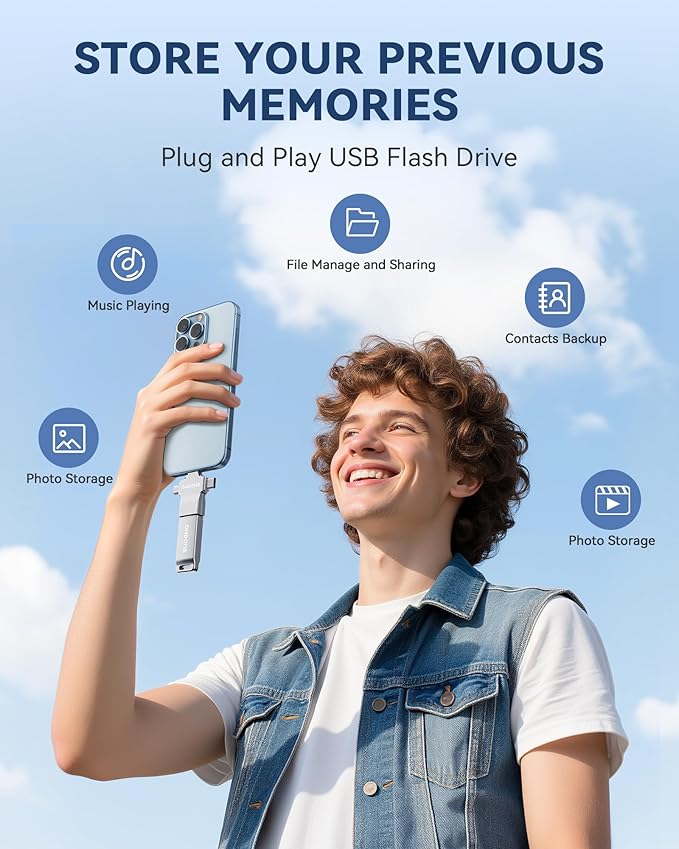 MFi Certified Photo Stick 256GB USB Flash Drive for iPhone, 4 in 1 External Memory Thumb Drive for Picture Video Saver and Backup, High Speed Memory Stick Pen Drive for iPhone/iPad/Android/PC (Silver)