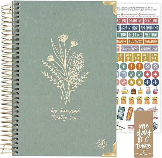 bloom daily planners HARDCOVER 2026 Planner (January to December) - A5 Task Goal Organizer - Monthly & Weekly Inspirational Agenda Book - 5.5" x 8.25" - Linen, Green