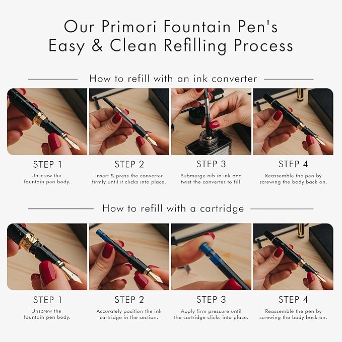 Wordsworth & Black Primori Fountain Pen Set [Black Gold]; Medium Nib, Gift Case, 24 Ink Cartridges, Refill Converter, Manual; Journaling, Calligraphy, Smooth Writing Pens; Left & Right Handed