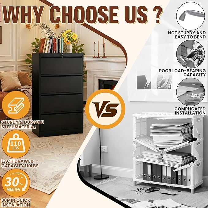 4-Drawer Lateral File Cabinet with Lock, Black Metal Filing Cabinet for Office or Home – Secure Storage for Letter/Legal/A4/F4 Documents, Easy to Assemble Locking File Organizer (Black, 4 Drawer-52"H)