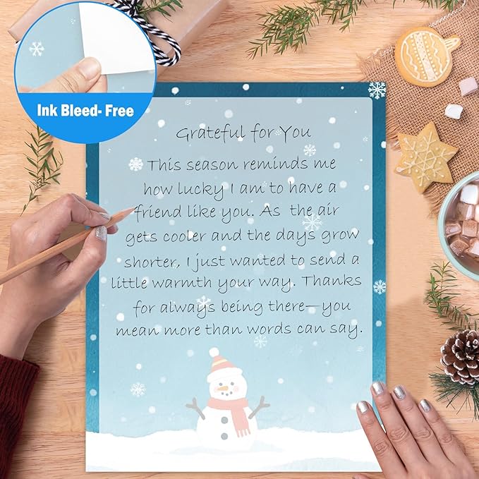 250Pcs Christmas Winter Stationery Paper and Envelope Set with 100 Letterhead Papers and 50 Envelopes,10 Design for Letter Writing Invitations Computer Holidays Party Notes, 8.5x11 Inch-Snowman