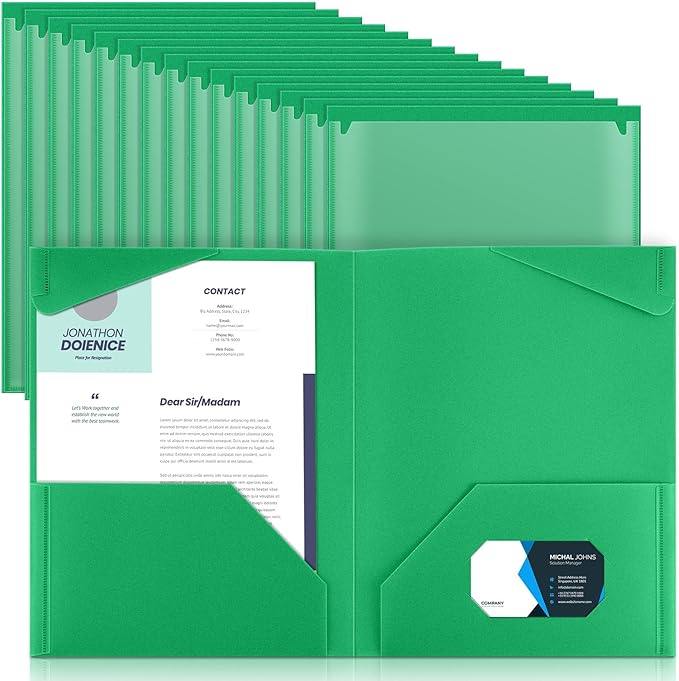 Henoyso 36 Pcs Plastic Folders with Clear Front Pockets Heavy Duty File Folders with 2 Pockets and Card Slot for Student Communication School Office Presentation Report (Green)
