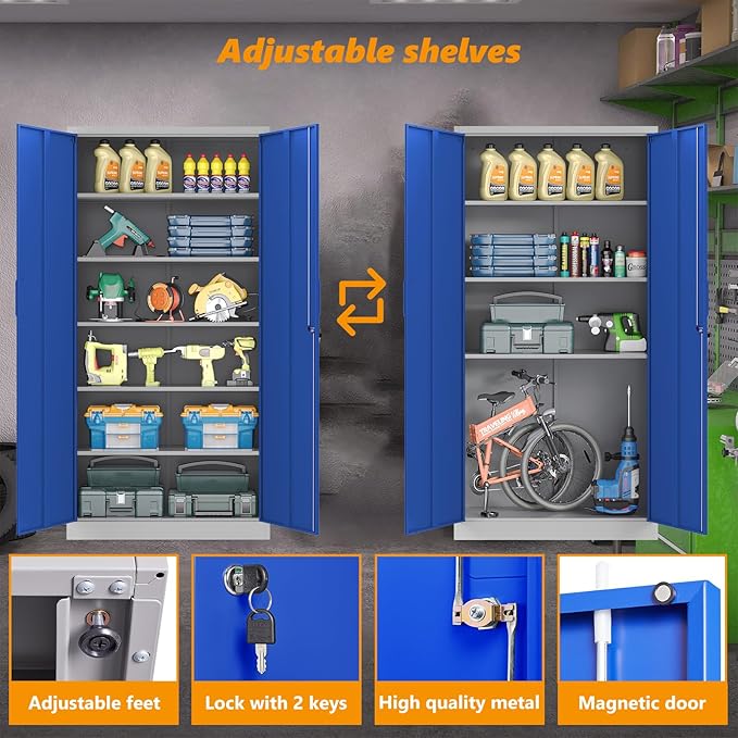 STANI Metal Garage Storage Cabinet with Lock, 71" Steel Lockable File Cabinet, Locking Steel Storage Cabinet with 5 Adjustable Shelves for Home, Office, Garage, Warehouse (Blue Grey, 2 Door - 71" H)