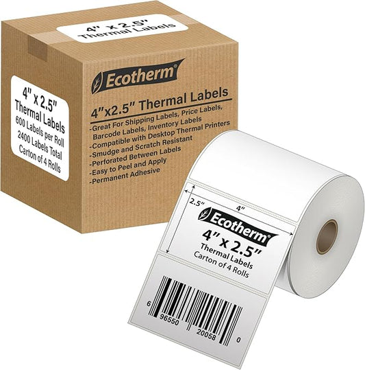 4" x 2.5" Thermal Labels | 4 Rolls | 2400 Labels | fits Zebra, Munbyn, Rollo, Godex, Arkscan, iDPRT, Offnova Thermal Label Printers and More | Blank White Adhesive Stickers by Ecotherm