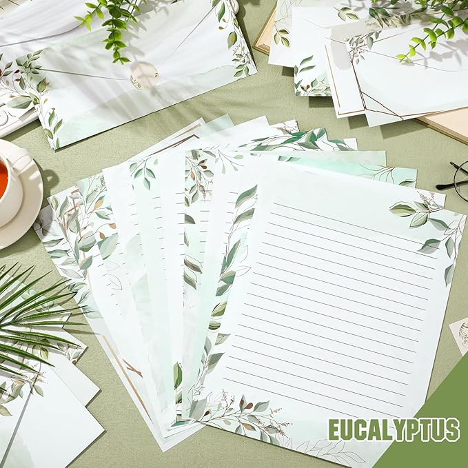 TaoBary 160 Pcs Stationery Paper Set 50 Double Sided Stationery Papers with 50 Matching Envelopes and 60 Round Dot Sticker, 10 Design(Green Leaves,8.5 x 11 Inch)