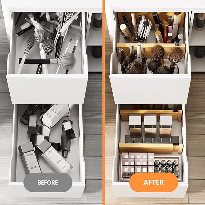 BAMEOS 4" High Bamboo Drawer Dividers - Adjustable Small Drawer Organizer - Kitchen, Dresser, Bathroom, Bedroom & Office - 4-pack