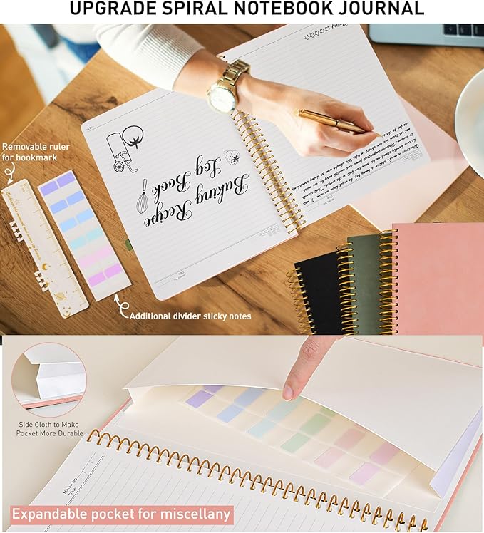 B5 Spiral Notebook Journal 7.6” x 10”, 300 Numbered Pages Hardcover Leather Journals for Women Men, Large Lined College Ruled Notebooks, 100GSM Thick Paper, Spiral Bound Journal for Work School, Pink