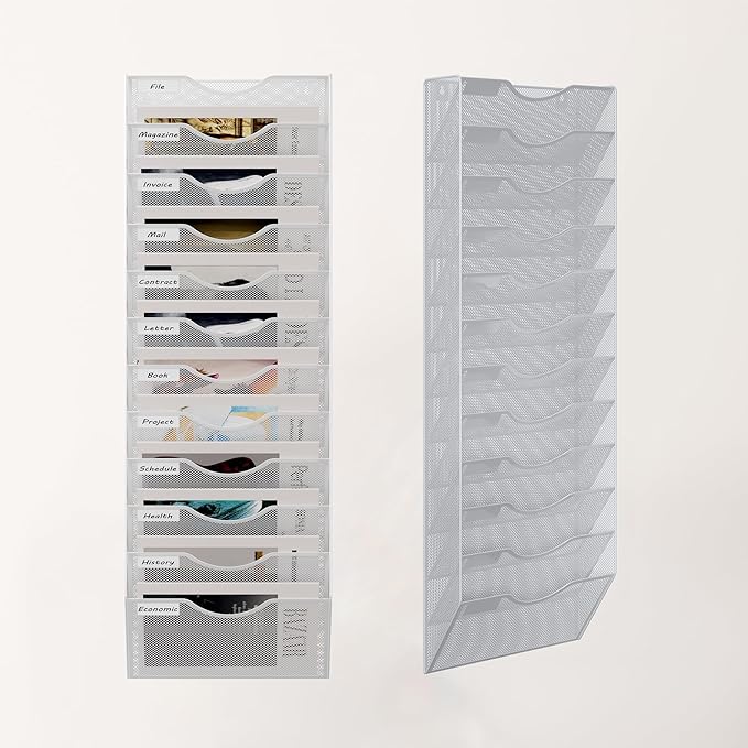 12 Tier Hanging Wall File Holder, Metal A4 Wall Mounted Document Holder, Vertical Hanging Mail Organizer, Magazine Storage Rack for Office Home Classroom, White