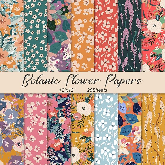 28 Floral Scrapbook Paper, 12"X12" Inch Vintage Flower Botanic Scrapbooking Papers for DIY Card Making Photo Album Journal Decor (Botanic 2)