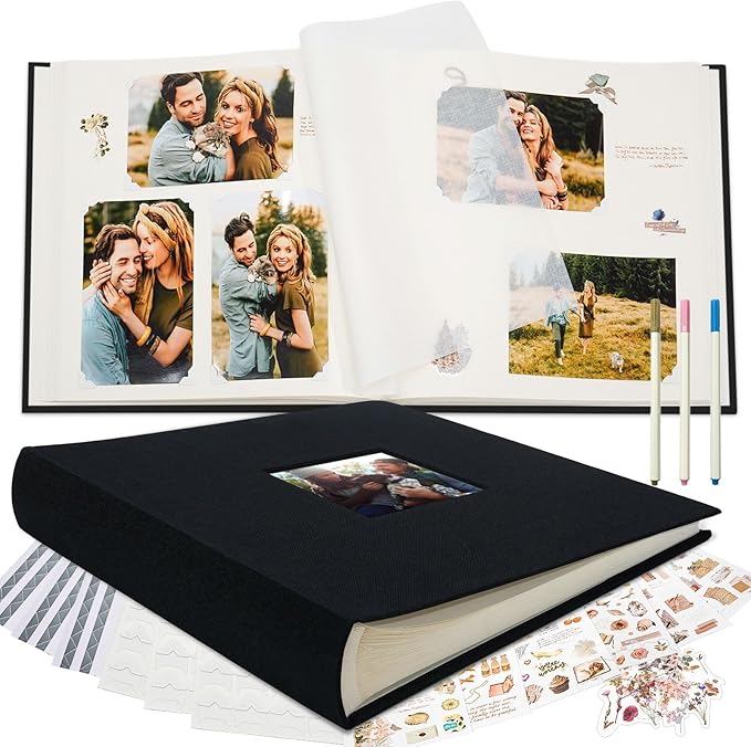 Vienrose Premium Scrapbook Photo Album with Writing Space 12"x12", DIY Scrapbook Album with 100 Pages, Large Photo Book for Baby Family Travel Vacation, Black