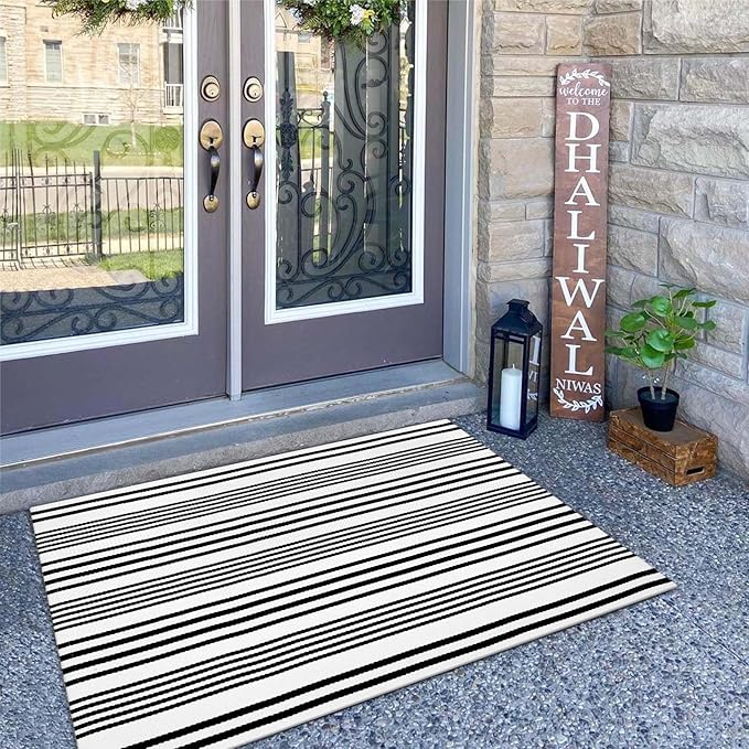 OJIA Front Door Rugs Indoor 27.5x43 Inches, Black and White Striped Outdoor Rugs Porch Rug Cotton Woven Entryway Rug Machine Washable Door Mats for Porch/Farmhouse/Kitchen