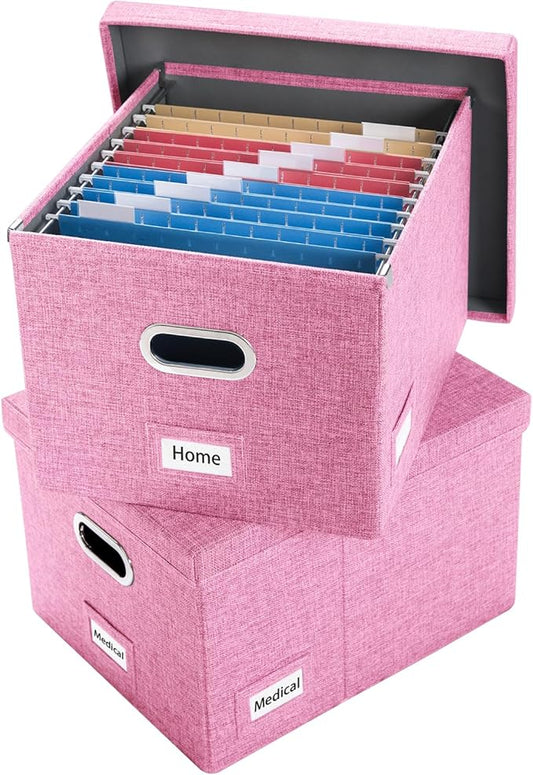 PRANDOM File Organizer Box - Set of 2 Collapsible Decorative Linen Filing Storage Hanging File Folders with Lids Office Cabinet Letter/Legal Size Pink (17x14x11.2 inch)