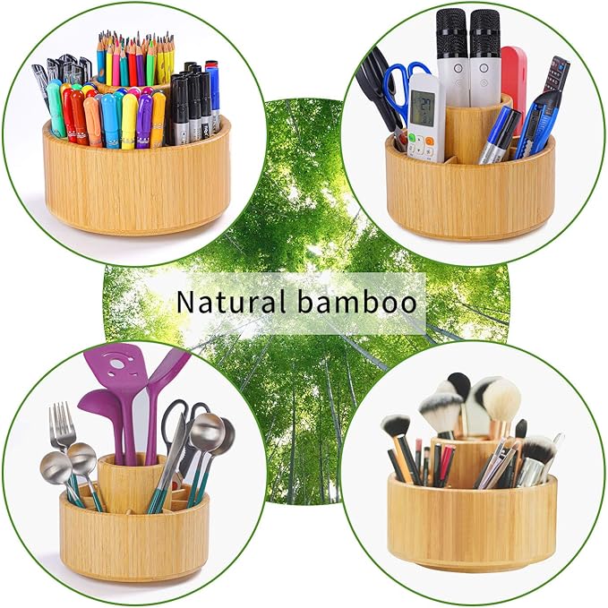 Utoplike Bamboo Rotating Art Supply Desk Organizer, Pencil Holder Organizer, Desktop Storage Caddy for Pen, Colored Pencil, Crayon, Paint Brushes, Art Studio&Office