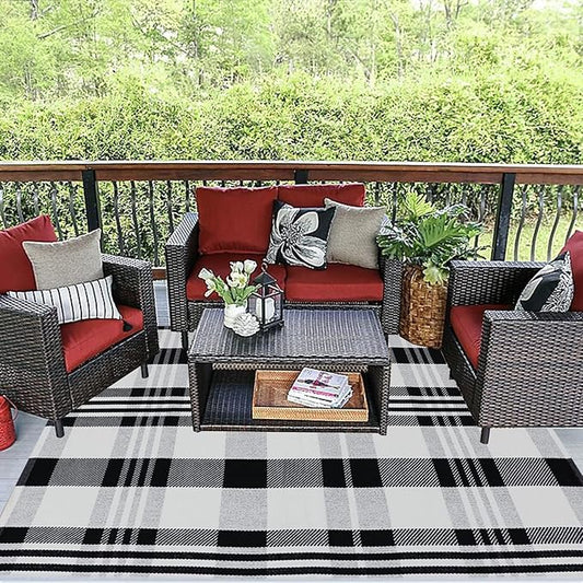 Buffalo Plaid Rug 4' x 6' Black and White Outtdoor Rug Cotton Hand-Woven Checkered Front Welcome Door Mat Indoor/Outdoor Area Rug for Front Porch,Kitchen,Bathroom,Entry Way,Living Room (4' x 6')