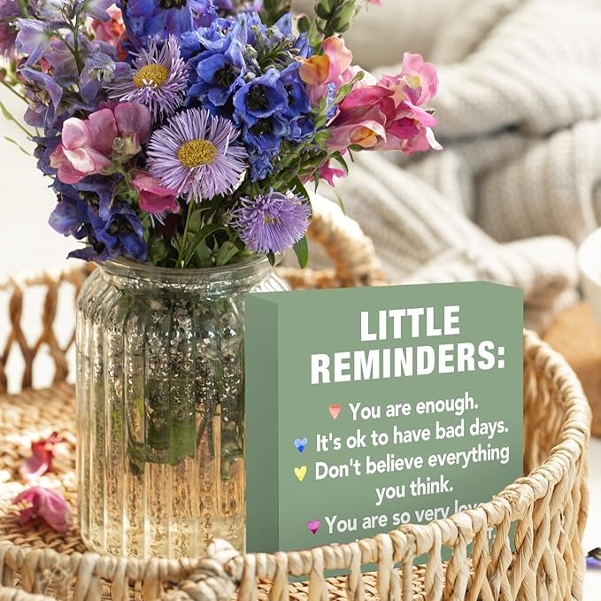 Sage Green Office Desk Accessories Decor Sign Encouragement Gifts for Women Little Reminders Desk Sign - Inspirational Wooden Box Plaque