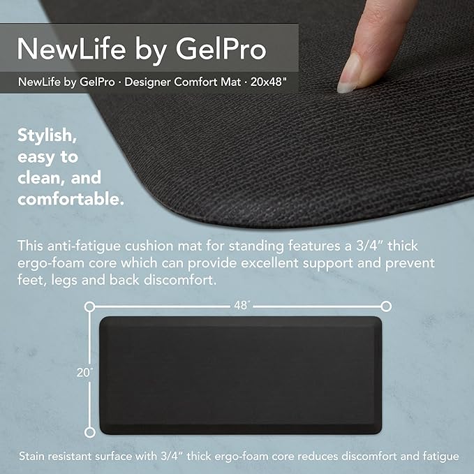 NewLife by GelPro Anti-Fatigue Designer Comfort Kitchen Floor Mat, 20"x48", Grasscloth Charcoal Stain Resistant Surface with 3/4" Thick Ergo-Foam Core for Health and Wellness