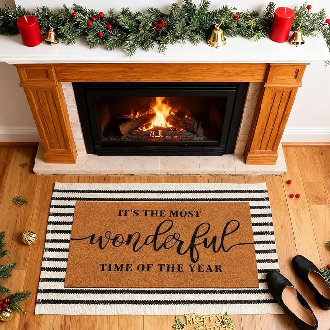 2 Pcs Christmas Coir Welcome Doormat Christmas Rug Outdoor Layered Buffalo Plaid Black and White Mat Stripe Mat for Xmas Front Porch Entryway Outdoor