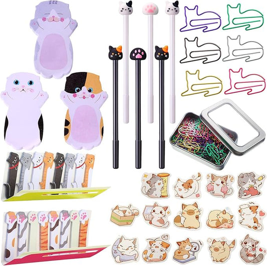 Outus Cat Office Supplies Cute Sticky Notes Paper Clips Gel Ink Pens Cartoon Stickers Party Favor for Cat Lovers Stationery School Office Supplies Desk Accessories(Funny Style)